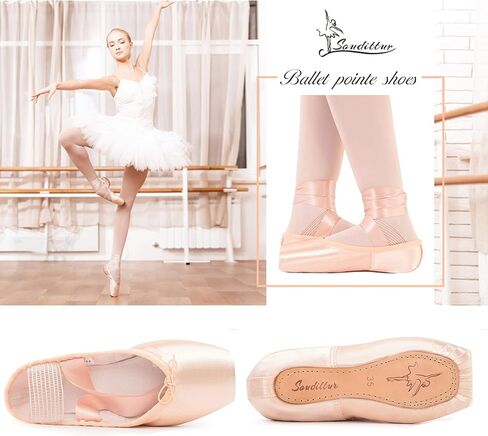 أحذية Soudittur للفتيات والنساء باليه بوانت أحذية رقص احترافية من الساتان الوردي مع أشرطة مرنة مخيطة ومنصات أصابع القدم من السيليكون (يرجى اختيار مقاس أكبر بدرجة واحدة) in Kuwait
