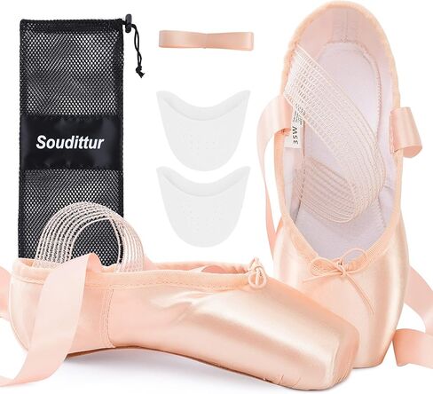 أحذية Soudittur للفتيات والنساء باليه بوانت أحذية رقص احترافية من الساتان الوردي مع أشرطة مرنة مخيطة ومنصات أصابع القدم من السيليكون (يرجى اختيار مقاس أكبر بدرجة واحدة) in Kuwait