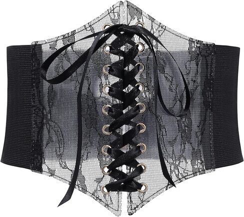 Coucoland Lace Up Corset Belt - Black Vintage Victorian Gothic Pirate Underbust Elastic Waist Cincher Bustier with Straps in Saudi Arabia