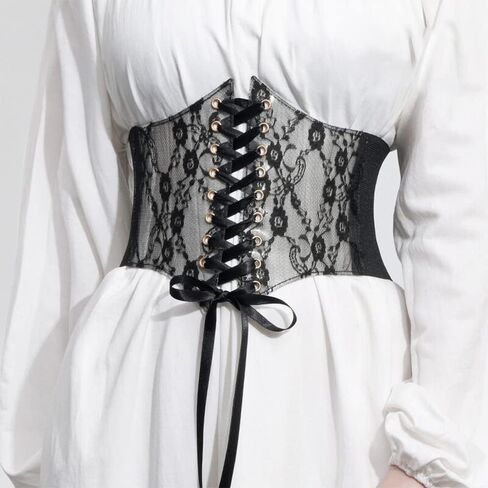 Coucoland Lace Up Corset Belt - Black Vintage Victorian Gothic Pirate Underbust Elastic Waist Cincher Bustier with Straps in Saudi Arabia