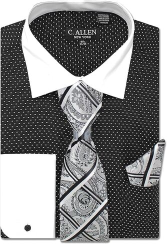 Men's Pin Dot Regular Fit French Cuffs Long Sleeve Dress Shirts with Tie Hanky Cufflinks Combo in Kuwait