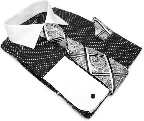 Men's Pin Dot Regular Fit French Cuffs Long Sleeve Dress Shirts with Tie Hanky Cufflinks Combo in Kuwait