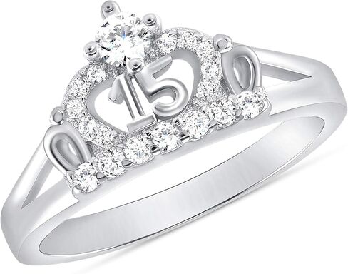 مجوهرات ديبي 925 من الفضة الإسترليني الحلو 15 Quinceanera Crown Cz خاتم مطلي بالروديوم in Kuwait