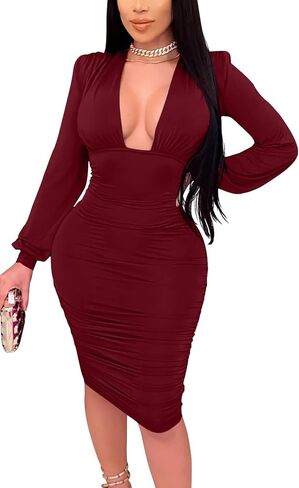 فستان حفلات متوسط ​​الطول مثير بياقة على شكل V وأكمام طويلة من GOBLES in Kuwait