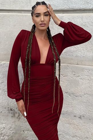 فستان حفلات متوسط ​​الطول مثير بياقة على شكل V وأكمام طويلة من GOBLES in Kuwait