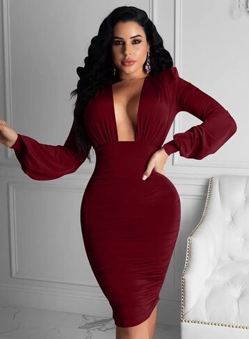 فستان حفلات متوسط ​​الطول مثير بياقة على شكل V وأكمام طويلة من GOBLES in Kuwait