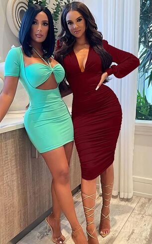 فستان حفلات متوسط ​​الطول مثير بياقة على شكل V وأكمام طويلة من GOBLES in Kuwait