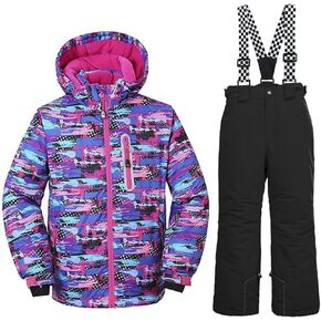WOWULOVELY Girls Thicken Warm Snowsuit Hooded Ski Jacket Pants 2 Pcs Set Skiing Jacket with Pants