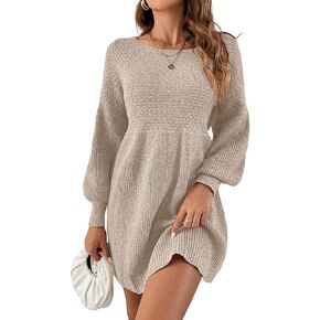 Saodimallsu Womens Crew Neck Mini Sweater Dress Lantern Sleeve High Waisted Rib Knit Dresses Cozy Pullover Long Sweaters