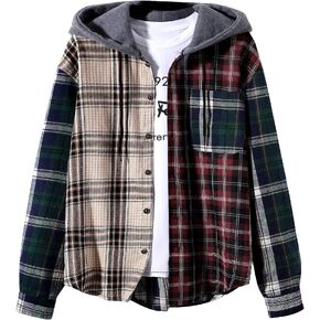GORGLITTER Men's Plaid Button Down Hooded Flannel Shirt Jacket Color Block Drawstring Pocket Long Sleeve Hoodie in Saudi Arabia