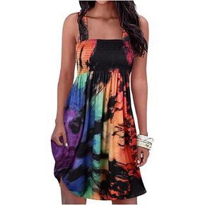 Summer Dress for Women Casual Beach Dress Floral Cover Ups Spaghetti Strap Sundress Smocked Strapless A-Line Mini Dress