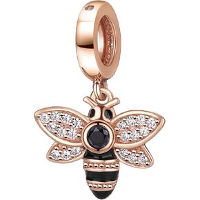 Rose Gold Bee Charms 925 Sterling Silver Insect Animal Dangle Charm with Clear Cz for 3mm Snake Chain Bracelet