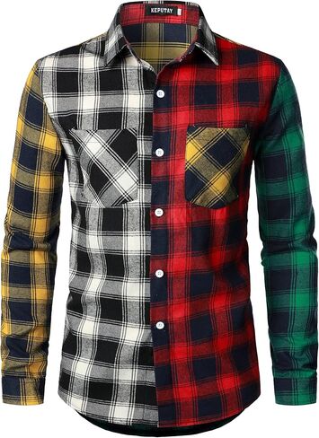 KEPUTAY Men Women Color Block Plaid Shirt Patchwork Plaid Shirts Button Down Long Sleeve Casual Shirts in Saudi Arabia