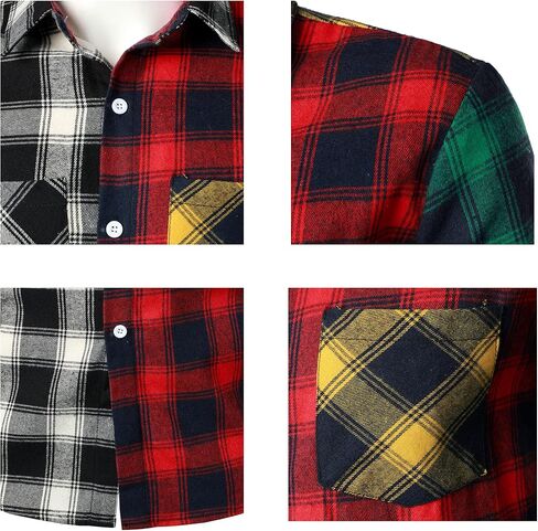 KEPUTAY Men Women Color Block Plaid Shirt Patchwork Plaid Shirts Button Down Long Sleeve Casual Shirts in Saudi Arabia