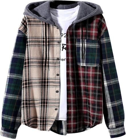 GORGLITTER Men's Plaid Button Down Hooded Flannel Shirt Jacket Color Block Drawstring Pocket Long Sleeve Hoodie in Saudi Arabia