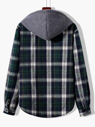 GORGLITTER Men's Plaid Button Down Hooded Flannel Shirt Jacket Color Block Drawstring Pocket Long Sleeve Hoodie in Saudi Arabia