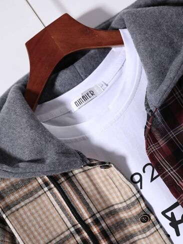 GORGLITTER Men's Plaid Button Down Hooded Flannel Shirt Jacket Color Block Drawstring Pocket Long Sleeve Hoodie in Saudi Arabia