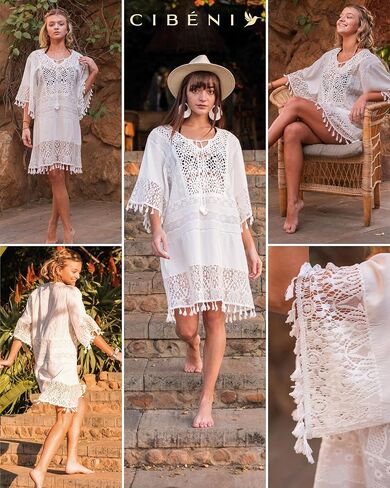 CIBENI White Lace Beach Cover Up for Swimsuits (US Size 6-10) Crochet Swim Cover Up for Bathing Suit, Swimwear, Bikini Coverups for Women in Saudi Arabia