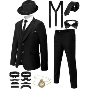 Ramede 10 Pcs Halloween Cos 1920s Men Costume Set 20s Accessories Outfit with Fedora Hat Gangster Vest Pocket Watch Suspender in Saudi Arabia