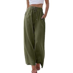 ASHER FASHION Linen Pants Women's Linen Summer Palazzo Pants Flowy Wide Leg Beach Pants with Pockets