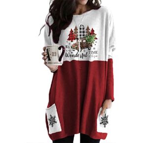 BOUTIKOME Womens Christmas Shirt Long Sleeve Crewneck Plus Size T-Shirt Xmas Santa Dress with Pocket Tunic Tops Blouse
