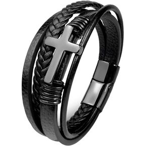 Jennoria Mens Brown Leather Bracelet Multi-Layer Braided Leather Cross Bracelet Religious Confirmation Gifts