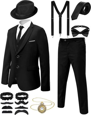 Ramede 10 Pcs Halloween Cos 1920s Men Costume Set 20s Accessories Outfit with Fedora Hat Gangster Vest Pocket Watch Suspender in Saudi Arabia