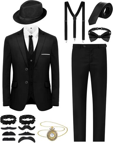 Ramede 10 Pcs Halloween Cos 1920s Men Costume Set 20s Accessories Outfit with Fedora Hat Gangster Vest Pocket Watch Suspender in Saudi Arabia