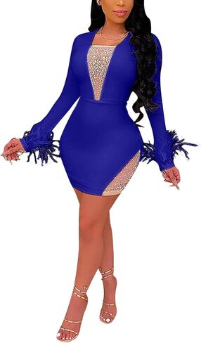 Sexy Club Outfits for Women - Long Sleeve Sheer Mesh Hot Drill Party Club Mini Dress See-Thru Feather Bodycon Dress in Saudi Arabia