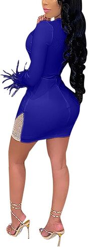 Sexy Club Outfits for Women - Long Sleeve Sheer Mesh Hot Drill Party Club Mini Dress See-Thru Feather Bodycon Dress in Saudi Arabia
