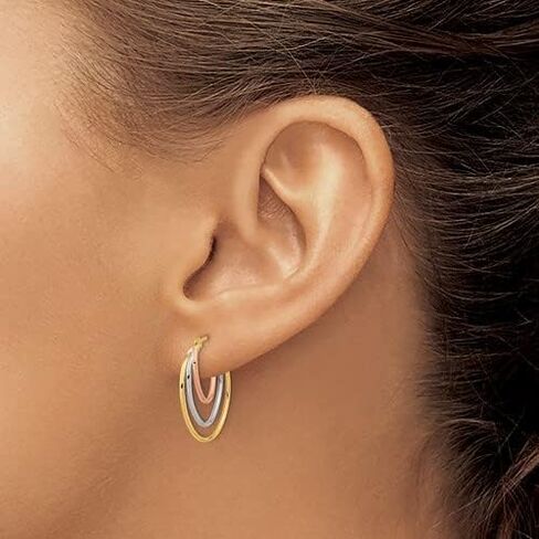 14k Tri Three Color Gold Diamond-Cut Graduated 3 Ring Hoops Earrings - 21mm x 15mm in Saudi Arabia