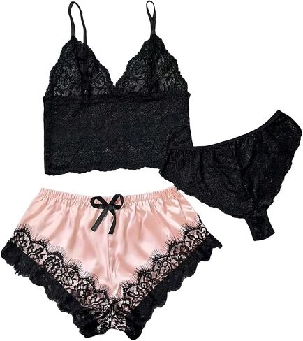 Milumia Women's 3 Piece Pajamas Floral Lace Cami Top and Shorts with Panty Pj Sets Nightwear in Saudi Arabia