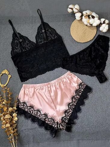 Milumia Women's 3 Piece Pajamas Floral Lace Cami Top and Shorts with Panty Pj Sets Nightwear in Saudi Arabia