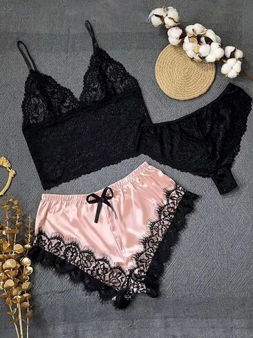 Milumia Women's 3 Piece Pajamas Floral Lace Cami Top and Shorts with Panty Pj Sets Nightwear in Saudi Arabia