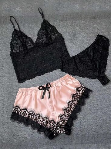 Milumia Women's 3 Piece Pajamas Floral Lace Cami Top and Shorts with Panty Pj Sets Nightwear in Saudi Arabia