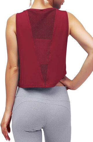 Mippo Womens Mesh Back Workout Crop Tops Loose Fit Gym Running Tank Tops in Kuwait