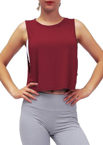 Mippo Womens Mesh Back Workout Crop Tops Loose Fit Gym Running Tank Tops in Kuwait