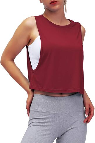 Mippo Womens Mesh Back Workout Crop Tops Loose Fit Gym Running Tank Tops in Kuwait