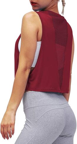 Mippo Womens Mesh Back Workout Crop Tops Loose Fit Gym Running Tank Tops in Kuwait