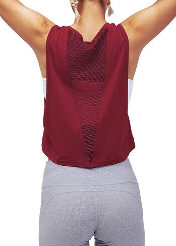 Mippo Womens Mesh Back Workout Crop Tops Loose Fit Gym Running Tank Tops in Kuwait