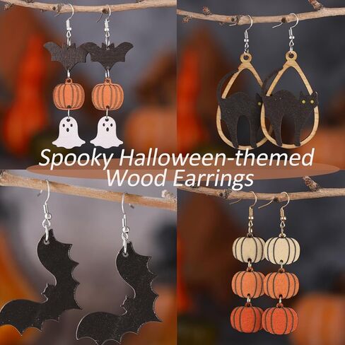 Yomlry عيد الهالوين أقراط للنساء الفتيات اليقطين الأسود القط هالوين مجوهرات شبح الخفافيش مخيف أقراط تتدلى لعيد الهالوين عشية اكسسوارات الحفلات على الوجهين عطلة الخشب مجموعة أقراط هدية مجوهرات in Kuwait