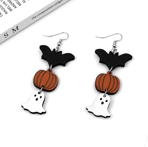 Yomlry عيد الهالوين أقراط للنساء الفتيات اليقطين الأسود القط هالوين مجوهرات شبح الخفافيش مخيف أقراط تتدلى لعيد الهالوين عشية اكسسوارات الحفلات على الوجهين عطلة الخشب مجموعة أقراط هدية مجوهرات in Kuwait