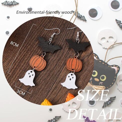 Yomlry عيد الهالوين أقراط للنساء الفتيات اليقطين الأسود القط هالوين مجوهرات شبح الخفافيش مخيف أقراط تتدلى لعيد الهالوين عشية اكسسوارات الحفلات على الوجهين عطلة الخشب مجموعة أقراط هدية مجوهرات in Kuwait