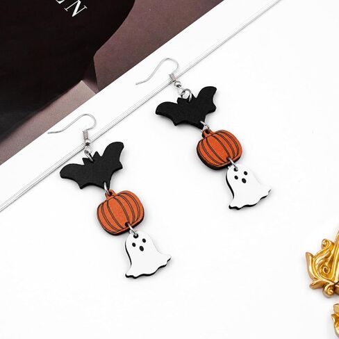 Yomlry عيد الهالوين أقراط للنساء الفتيات اليقطين الأسود القط هالوين مجوهرات شبح الخفافيش مخيف أقراط تتدلى لعيد الهالوين عشية اكسسوارات الحفلات على الوجهين عطلة الخشب مجموعة أقراط هدية مجوهرات in Kuwait