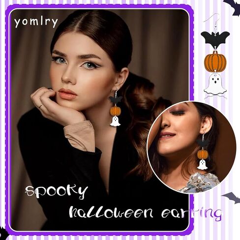 Yomlry عيد الهالوين أقراط للنساء الفتيات اليقطين الأسود القط هالوين مجوهرات شبح الخفافيش مخيف أقراط تتدلى لعيد الهالوين عشية اكسسوارات الحفلات على الوجهين عطلة الخشب مجموعة أقراط هدية مجوهرات in Kuwait