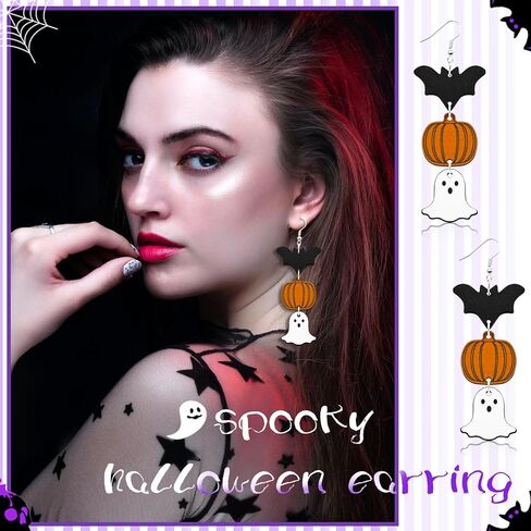 Yomlry عيد الهالوين أقراط للنساء الفتيات اليقطين الأسود القط هالوين مجوهرات شبح الخفافيش مخيف أقراط تتدلى لعيد الهالوين عشية اكسسوارات الحفلات على الوجهين عطلة الخشب مجموعة أقراط هدية مجوهرات in Kuwait