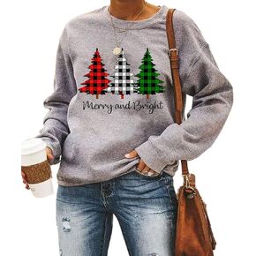 Merry and Bright Shirt Women Funny Leopard Printed Plaid Christmas Trees Long Sleeve Sweatshirts Xmas Graphic Tees
