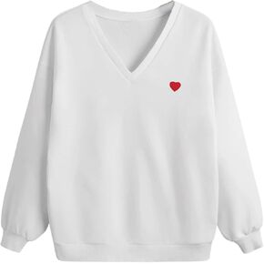 SweatyRocks Women's Heart Graphic V Neck Long Sleeve Sweatshirt Drop Shoulder Pullover Top