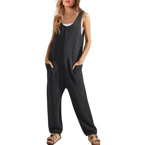 SENSERISE Womens Ribbed Knit Jumpsuit Sweater Romper Sleeveless One Piece Pajamas Loungewear Long Pants Romper with Pockets
