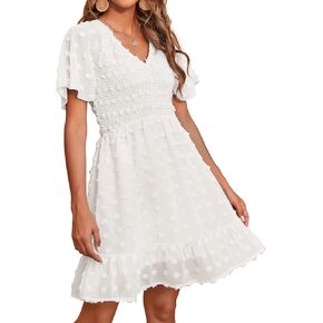 BTFBM Women's V Neck Smocked Short Sleeve Casual Dress Swiss Dot Swing Flowy Ruffle Hem Mini Beach Summer Dresses 2023 in Saudi Arabia